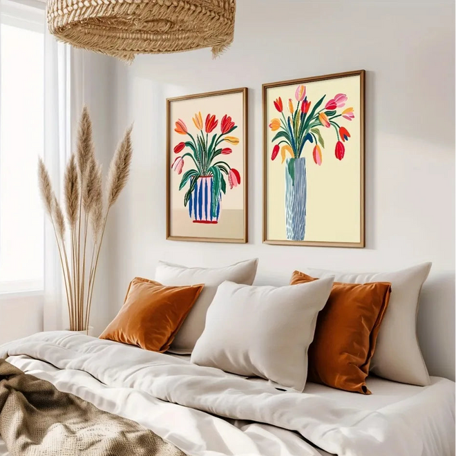 Colorful tulip vase wall art print by The Finishing Touch Decor, featuring vibrant tulips in a decorative vase on a textured background.