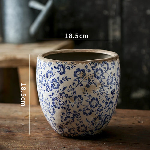 Chinese Antique Blue & White Pastoral Design Pottery Planter - The Finishing Touch Decor