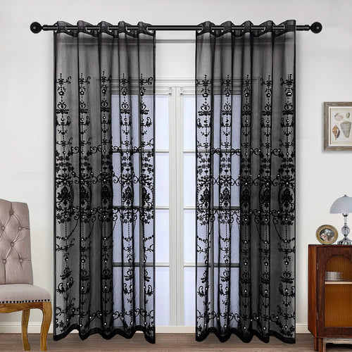Lace Pearl French Embroidery Black Sheer Window Curtains - The Finishing Touch Decor