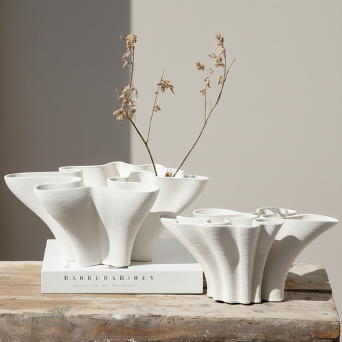 Sculpted Waves White Ceramic Scandi Vase with textured wave design, decorative ceramic vase for modern home decor.