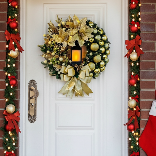 Golden/Red Pre-Lit Holiday Wreath with Lantern