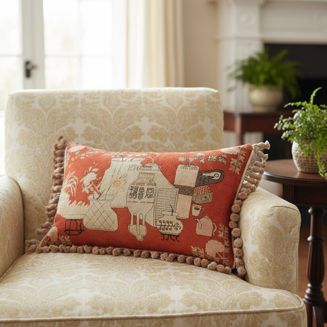 Spanish Retro Burgundy Orange Print Throw Pillow Covers