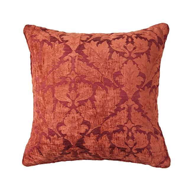 Red floral cushion cover by The Finishing Touch Decor featuring vintage garden flower design for sofa and home decor.