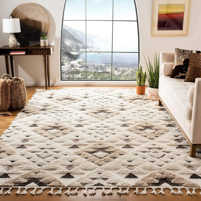 Moroccan Shag Ivory & Brown Thick Boho Tasseled Area Rug - The Finishing Touch Decor