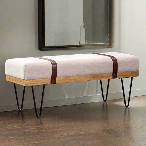 Industrial Modern Linen Rectangle Ottoman Bench with PU Strap and Metal Legs, Mid Century Dining Table Bench Footstool Entryway