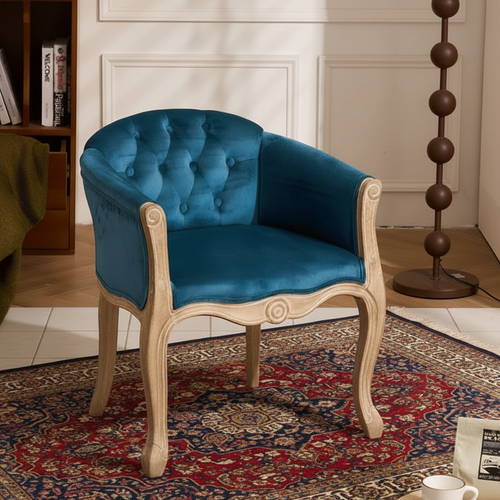 Solid wood antique American country accent chair with carved details, small furniture piece in natural wood finish.