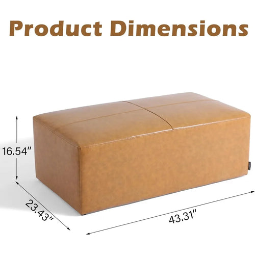 Rectangular Genuine Leather Ottoman, Button Tufted Coffee Table Ottoman with Legs, Upholstered Footrest Stool for Living Room