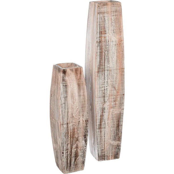 Rustic Set of 2 Tall Whitewashed Raw Wooden Vases - The Finishing Touch Decor