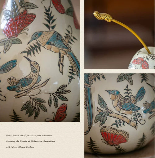Ceramic Chinese Painted Pear 14" Table Statue