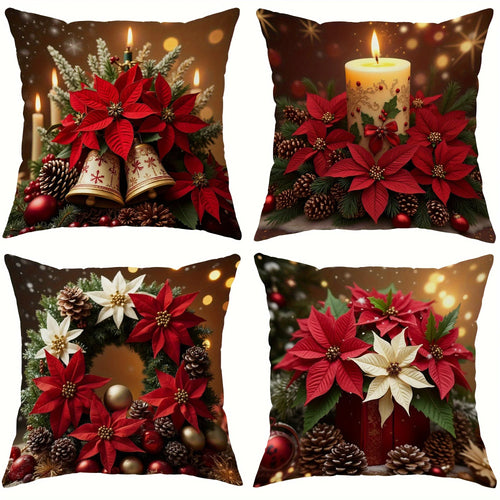 Red Poinsettia Throw Pillow Cover Set of 4