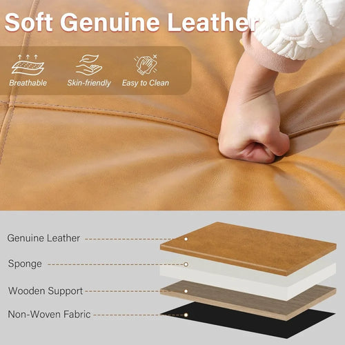 Rectangular Genuine Leather Ottoman, Button Tufted Coffee Table Ottoman with Legs, Upholstered Footrest Stool for Living Room