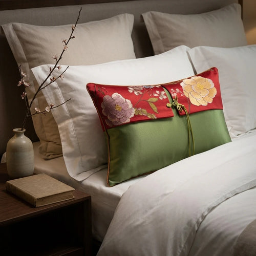 Floral Oriental embroidered satin throw pillow cover with intricate floral designs, adds elegant decor to living spaces.
