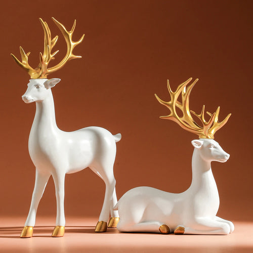 White & Gold Reindeer Holiday Table Figurine Statues