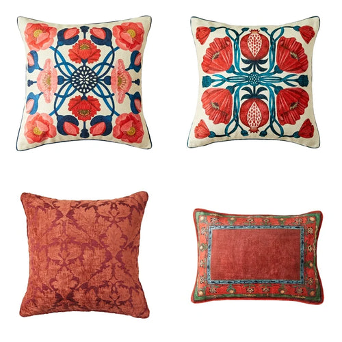 Red floral cushion cover with retro garden flower design for sofa or chair decor, from The Finishing Touch Decor.