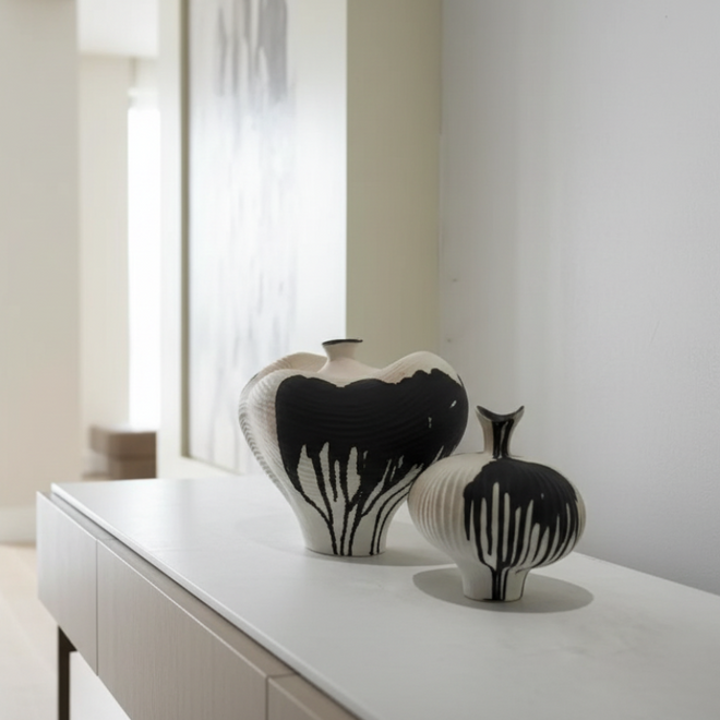 Handmade irregular shape ink drip decorative vase by The Finishing Touch Decor, showcasing unique artistic ceramic design.