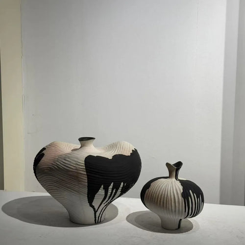 Handmade irregular shape ink drip decorative vase by The Finishing Touch Decor, showcasing unique artistic ceramic design.