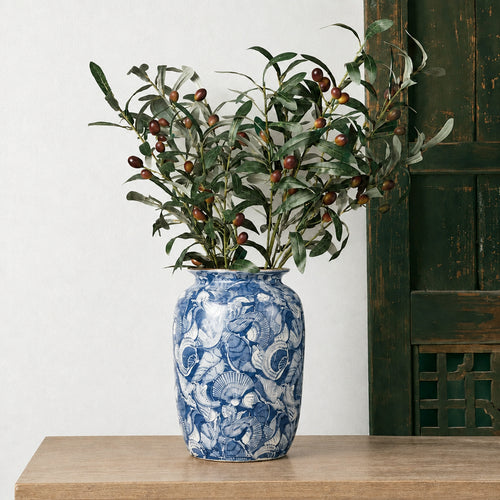 Blue & White Shell Print Porcelain Ceramic Vase