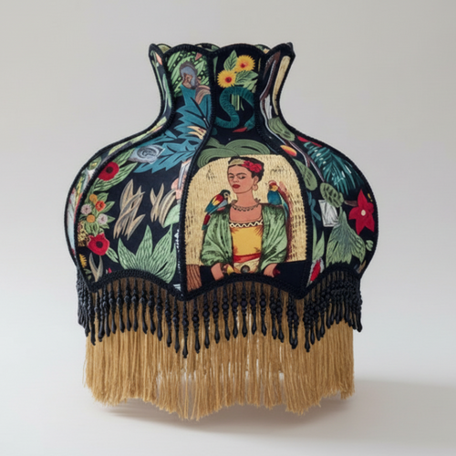 Eclectic Frieda Kahlo and jungle pattern lampshade from The Finishing Touch Decor, featuring vibrant botanical and artistic print.