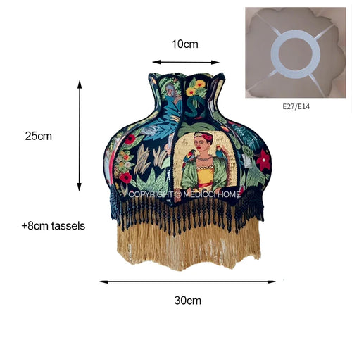 Eclectic Frieda Kahlo and jungle pattern lampshade by The Finishing Touch Decor, featuring vibrant floral and artistic design.