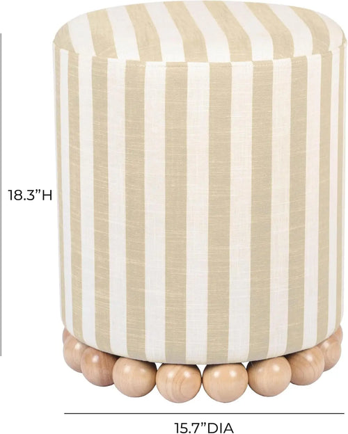 Coastal blue and beige striped linen ottoman stool, small furniture piece with a woven design, ideal for living room or bedroom decor.