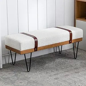 Industrial Modern Linen Rectangle Ottoman Bench with PU Strap and Metal Legs, Mid Century Dining Table Bench Footstool Entryway