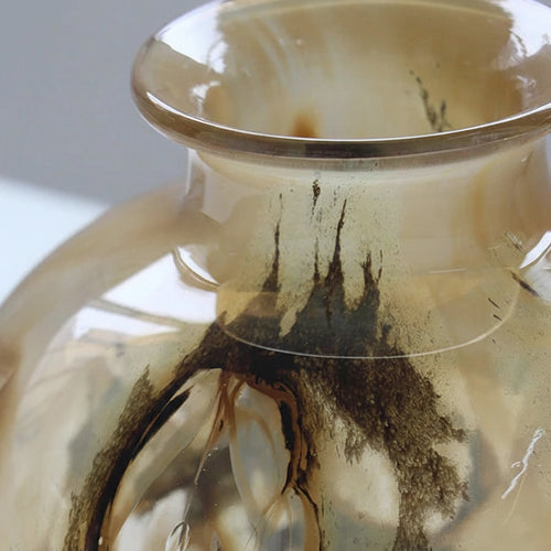 Smokey tan ink swirl textured glass vase with decorative design, perfect for modern home decor.