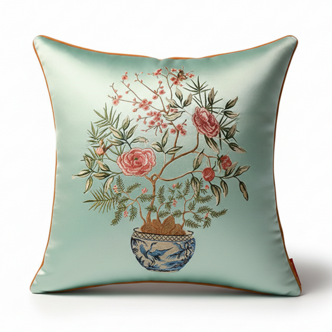 Embroidered floral Chinese vase pattern on decorative throw pillow cover, featuring intricate design and vibrant colors.