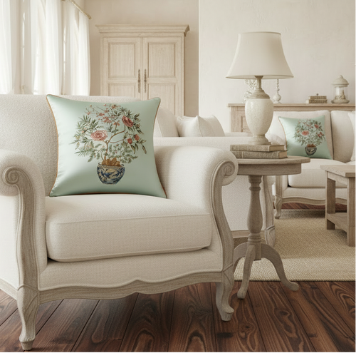 Embroidered floral Chinese vase design on decorative throw pillow cover for elegant home decor.