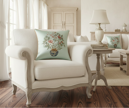 Decorative throw pillow cover with floral Chinese embroidered design, featuring intricate embroidery and vibrant colors.