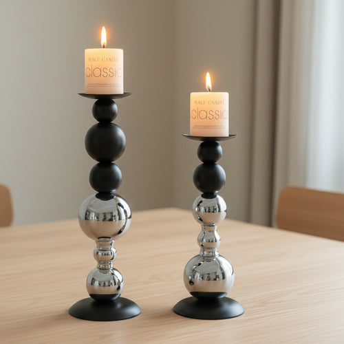 Silver & Black Set of 2 Modern Tall Candle Holders