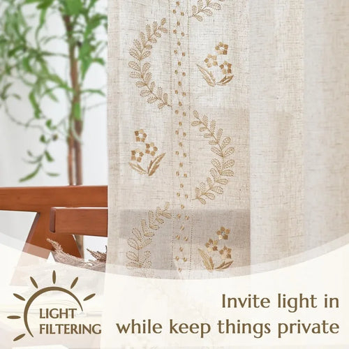 Linen Curtains for Bedroom Floral Curtains 63 Inch Length Linen Blend Beige Embroidered Drapes Farmhouse
