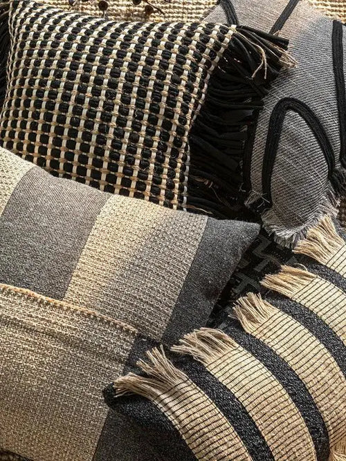 Luxury Hemp Rope striped throw pillow cover by The Finishing Touch Decor, featuring textured hemp rope design in neutral tones.