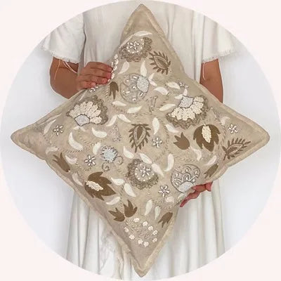 Hand-Stitched Beaded Beige Throw Pillow Covers - The Finishing Touch Decor