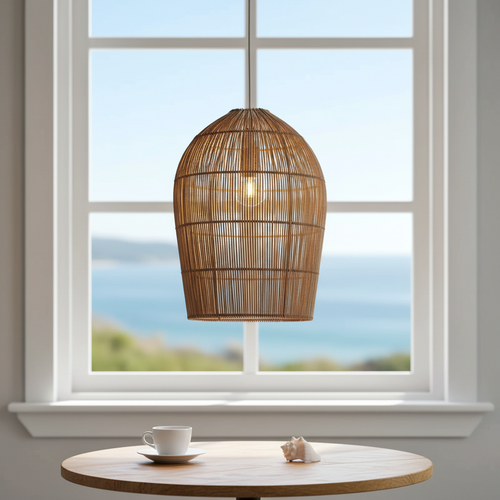 Wabi Sabi rattan wicker pendant light by The Finishing Touch Decor showcasing a woven rattan design for warm, natural lighting.