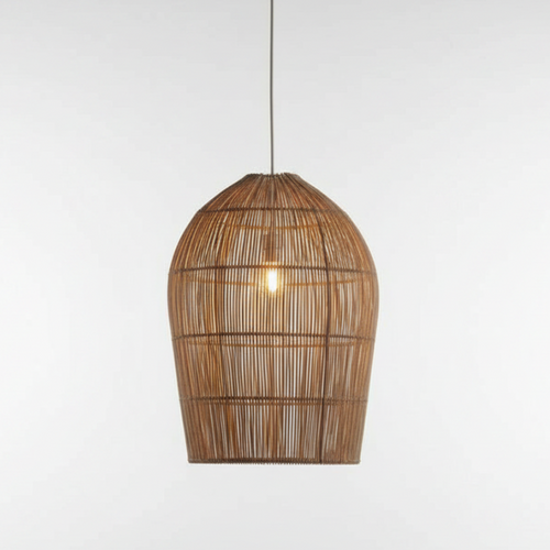 Wabi Sabi rattan wicker pendant light from The Finishing Touch Decor, natural woven lighting fixture for modern or rustic interiors.