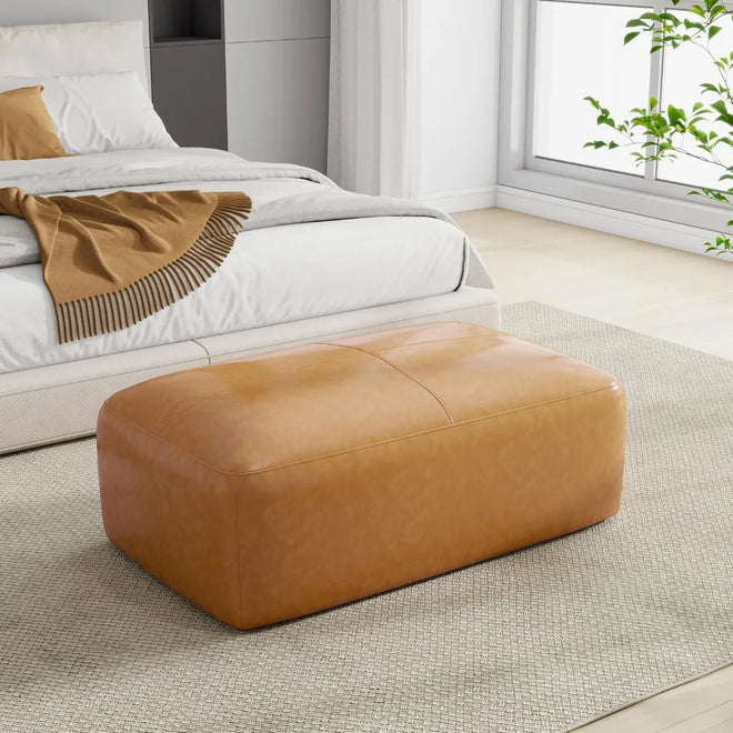 Rectangular Genuine Leather Ottoman, Button Tufted Coffee Table Ottoman with Legs, Upholstered Footrest Stool for Living Room