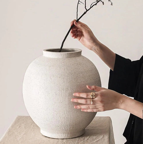 Large white sandstone ceramic round floor vase, decorative vessel for interior decor by The Finishing Touch Decor