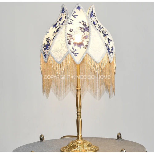 French Blue Floral Silk and Velvet Lampshade with Pearl Tassel - The Finishing Touch Decor