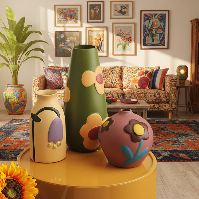 Colorful retro flower hand-painted decorative vase with vibrant floral design by The Finishing Touch Decor