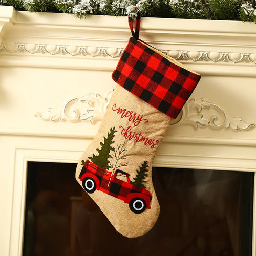 Vintage Truck Red Plaid Christmas Stocking Set