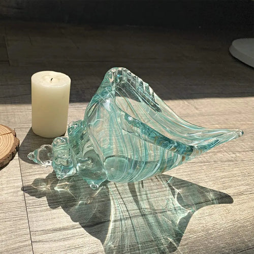 Sea Blue Hand Blown Glass Conch Shell Art Figurine