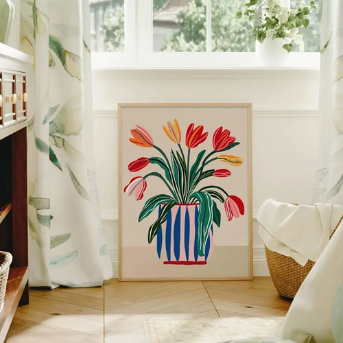 Colorful tulip vase wall art print by The Finishing Touch Decor, featuring vibrant tulip illustrations on a decorative wall art piece.