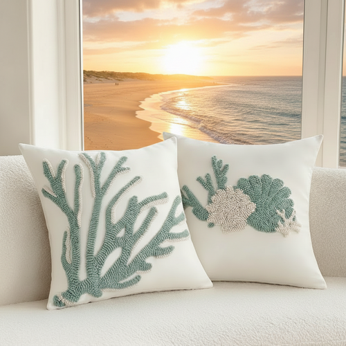 Coastal Aqua Coral & Shell Tufted Throw Pillow Covers