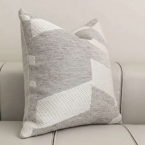 Modern grey geometric cushion cover by The Finishing Touch Decor, soft wool blend sofa pillow for living room or home decor.