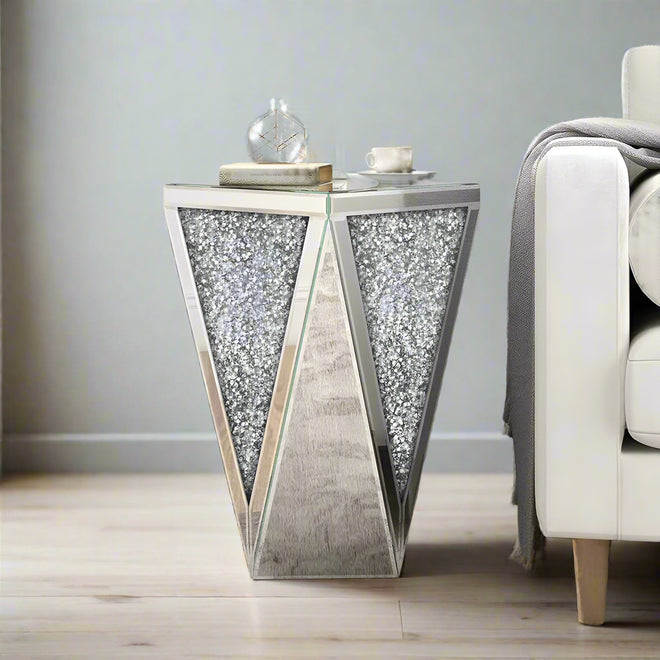 Mirrored End Table Crystal Diamond Setting Coffee Table Silver Glass Side Table Pedestal Stand For Hallway, Living Room,