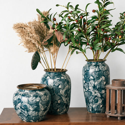 Blue & White Shell Print Porcelain Ceramic Vase