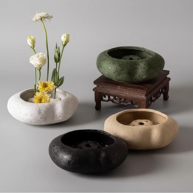 Japandi Lotus ceramic seedpod planter set by The Finishing Touch Decor, featuring modern, minimalistic design and neutral tones.