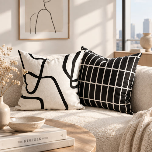 Modern decorative throw pillow case by DAVINRICH New York featuring luxury thread stripes and geometric embroidery for urban home decor.