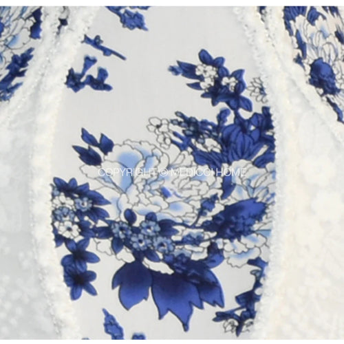 French Blue Floral Silk and Velvet Lampshade with Pearl Tassel - The Finishing Touch Decor