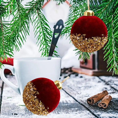Red velvet and glitter Christmas ball ornaments for holiday decor, featuring festive red and shimmering accents.